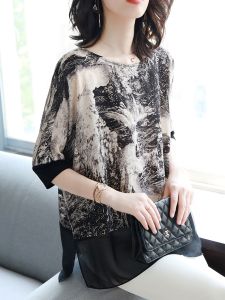 Loose Fashionable Batwing Sleeve round Neck T-Shirt Womens Spring Summer New Style Five-Quarter Sleeve Chiffon Top