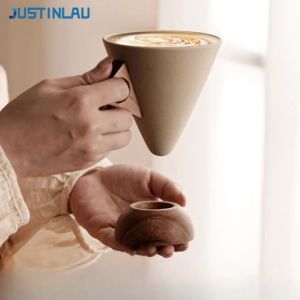 JUSTINLAU Rough Ceramic Conical Coffee Mug with Wooden Saucer Vintage Latte Cappuccino Cup Espresso Coffee Cup for Home Cafe