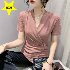 HZM 2023 Womens foreign style short-sleeved T-shirt with thin waist and thin design A top with bright silk and meat-covering temperament