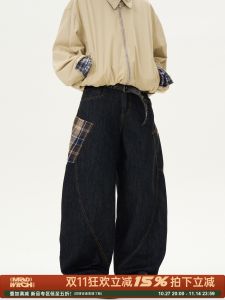 Madwitch American Niche Design Patchwork Gingham Machete Denim Mens and Womens Loose Retro Casual Pants