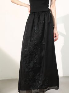 Miccbeirn | Elegant A-Line Midi Skirt Embroidered Shiny Sequins Heavyweight Silk Charmeuse High Waist Silk Mulberry For Business Commute