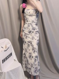 New Chinese Style Watercolor Rose Print Sling Dress Womens Summer Tea Brown Pleated Waist Cinching Slimming Long Skirt