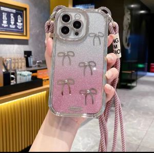 Fashionable Butterfly Knot Phone Case for 15Promax Womens Crossbody Strap Full Cover Protective Shell Anti-Fall