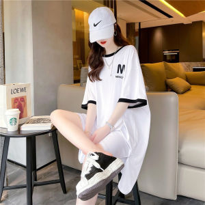 plus Size Womens Summer New Style Mid-Length Short-Sleeve T-Shirt Dress Belly Covering Trendy Korean Loose Fit round Neck