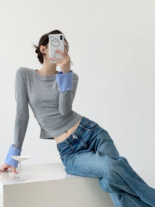 Design Sensation Womens T-shirt Sleeve Patchwork Casual Slimming Base Layer Shirt Long Sleeve round Neck Commute Style