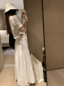 XUECAIQI | Design Embroidery Ruffle Sleeve Shirt & Long Flared Skirt Set