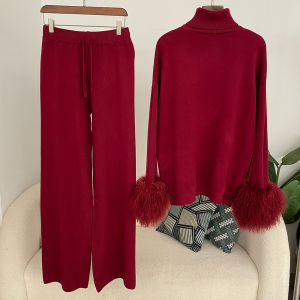 Bộ Áo Len Dệt Kim Nữ Chất Liệu Len Và Pha Trộn Tay Áo Phối Lông Cừu Mông Cổ Thật Phong Cách Đường Phố Dáng Rộng Bộ Đồ Dệt Kim Năm 2025