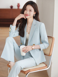 Light Blue Womens Suit Set Pants And Jacket Two-Piece Aspirational Professional Fashionable Spring Autumn Trousers Ensemble
