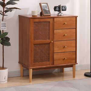Chest of Drawers Solid Wood Modern Minimalist Japanese Style Storage Locker Bedroom Living Room Wall Small Cabinet Rattan Chest of Drawers Cabinet