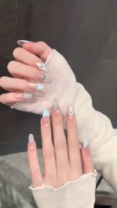 10 Bộ Móng Tay Giả Hình Oval Màu Nude Vàng Mắt Mèo Xanh Kiểu Pháp Đính Đá Hình Chữ Thập Dành Cho Nữ Làm Thủ Công