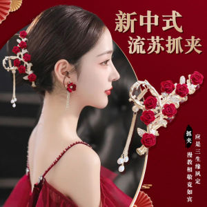 กิ๊บติดผมรูปดอกกุหลาบสีแดงสำหรับผู้หญิง กิ๊บติดผมขนาดใหญ่ สไตล์จีนใหม่ สำหรับงานแต่งงานและงานเลี้ยงดื่ม ตกแต่งผมด้านหลังศีรษะ