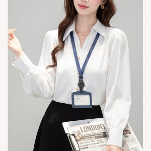Early Autumn Long Sleeve V-Neck Gold Button Womens Shirt Commute Professional White Formal Anti-Wrinkle High-End Blouse