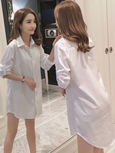 New Womens Mid-Length White Shirt 2025 Autumn Long Sleeve Loose Versatile Open Cardigan Stylish Top Sweet Style College Trend Polyester Fiber