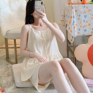 ชุดนอนผู้หญิงคอวีแขนกุดผ้าฝ้ายโปร่งใสเซ็กซี่ฤดูร้อน ชุดกระโปรงสั้นเอวสูงลายดอกไม้ ชุดนอนสองชิ้นสุดน่ารักและหวาน