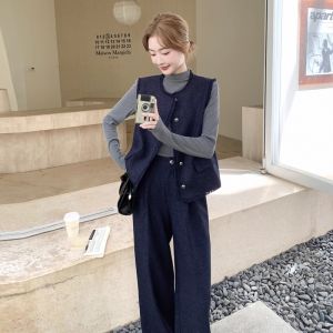Retro Style Sequin Trim Wide Leg Pants And Vest Set for Women Elegant Vintage Feel Autumn Collection Fashionable Ensemble