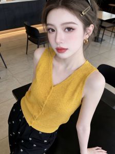 HUOLISI | Yellow V-Neck Knitted Silk Vest