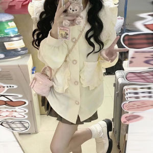 Spring New Design Sense Niche Style Younger Peter Pan Collar Ruffles Shirt Tops Loose Versatile Long Sleeve Shirt Women