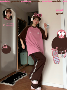 น่ารัก หวาน Cool Pink Brown กางเกงขายาว ชุดทูพีซแขนสั้น ฤดูร้อน ลำลอง ชุดกีฬาเด็กผู้หญิง ผ้าฝ้าย Retro OOTD