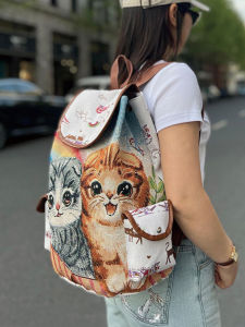 Trendy Cartoon Cat Embroidery Canvas Double Shoulder Bag for Girls Travel Backpack Ethnic Style Cloth Bag Leisure Vertical Square Shape