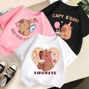 Bandai | Summer New Girls T-shirt Short-sleeved Childrens Round Neck Loose Cute and Stylish Capybara Print Casual Top Kids Modal