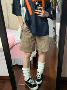 American Retro Khaki Parka Shorts Female Summer Loose Wide-Leg Half Pants Son Slim Looking Casual Straight Short Pants Tide
