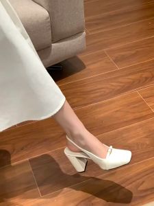 elegant 3 inch slide square toe leather high heels for women