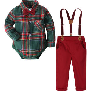Baby Christmas Outfit for Boy Photography Suit Infant Plaid Shirt and Red Pants Set Newborn Bday Xmas Party Gife Set 2 Pieces Wedding Gentleman Clothes