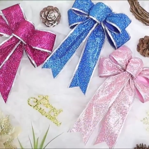 24cm Big Size Glitter Christmas Ribbon Bows Red Silver Gold Sparkling Glitter Christmas Ribbon Bow Xmas Tree Hanging Ornament Bowknot Big Shiny Bow DIY Xmas Tree Decor