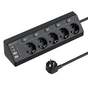 EU Plug 9 in 1 Wall Socket 90° Angle Design With 2 USB-A and 2 Type-C (15W) 2M Extension Cable Suitable for Home Office Kitchen