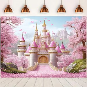 Fairy Tale Pink Castle Backdrop Princess Girls Birthday Party Decor Banner Spring Cherry Blossoms Photography Background