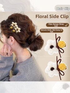 PINK EMPRESS | Flower and Bow Fuzzy Knit Hair Clip for Forehead and Side Bangs