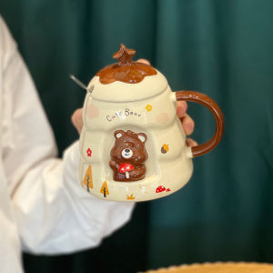 3D Relief Bear Ceramic Mug with Lid Spoon Christmas Tree Coffee Cup Gift for Men And Women Cute Animal Pattern  Style