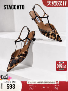 Staccato 2025 New Wild Cat Head Sandals Middle Heel Pointed Toe Womens Sandals Elegance Fashionable Leather Glue Wearing