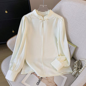 Áo Sơ Mi Nữ Cổ Đứng Tay Dài Màu Trơn Phong Cách Trung Hoa Cổ Truyền Áo Chui Đầu Bằng Vải Polyester Mùa Thu 2024