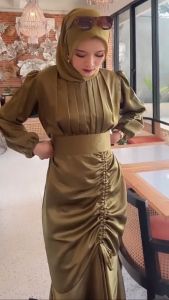 Dress Serut Satin Remaja Wanita Casual Hangout Ootd Style Kondangan Fashion Muslim Bahan Satin Silk Import Model Tali Serut Samping Terbaru Viral Kekinian