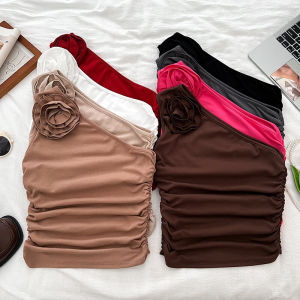 เสื้อกั๊กสั้นทรงเข้ารูปแบบดอกไม้ 3 มิติ ไหล่เดียว แขนกุด ช่วงฤดูร้อนสำหรับผู้หญิง เสื้อชั้นในสีพื้น สไตล์ลำลอง