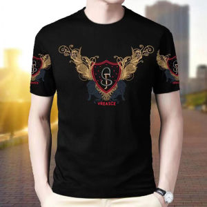 New Ice Silk Printed Short Sleeve Shorts Set round Neck Trendy T-Shirt Mens Casual Golden Dragon Eagle Pattern Two Piece Set