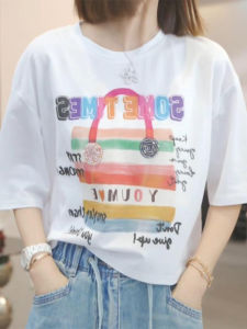 Casual Loose round Neck Short Sleeve T-Shirt Womens Summer New Style Printed Slimming Casual Versatile Top Ladies Tee