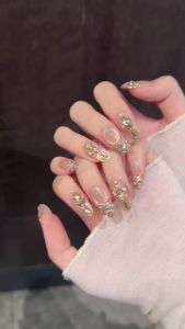 10pcs Handmade Fake Nails Press On Nails Powder Bare Gold Diamond French Diamond-studded Luxury Style Designs With 4-PIECE Tool