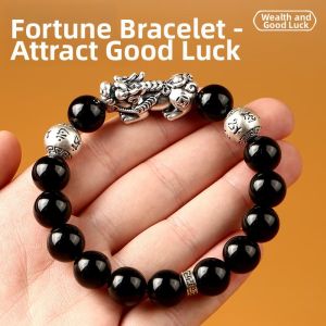 For Men Pixiu Silver and Obsidian Bracelet
