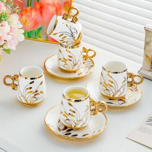 Luxury European Style Gold-Plated Ceramic Coffee Cup and Saucer Set 6 Cups 6 Saucers