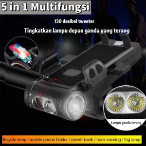 COD 5 In 1 Lampu Sepeda LED sumber cahaya ganda Isi Ulang Daya USB untuk Sepeda Gunung Dudukan Telepon Lampu Sepeda dengan Tanduk Lampu Senter Sepeda Aksesoris Berkendara Dudukan Ponsel Sepeda Holder Handphone Cocok untuk sepeda motor mobil