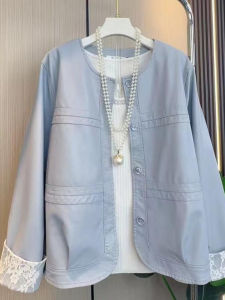Korean Style Loose Casual Slimming Leather Jacket Womens Spring Fashion Lace Splicing Top round Neck Long Sleeve Coat
