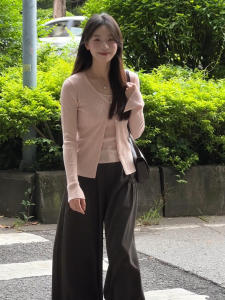 Pink V-Neck Knitted Cardigan AndTank Top Two-Piece Set Womens Early Autumn Korean Style Loose Fit Short Sweater Jacket