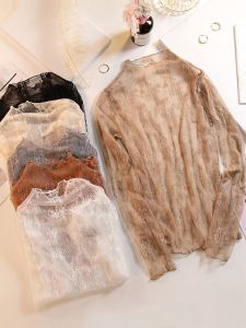 Womens Long Sleeve Lace Base Shirt Half High Collar Mesh Top Fashionable Autumn Winter New Style Knittedwear Innerwear Large Size