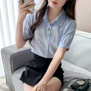 YIMEI 2025 Summer New Korean Flower Embroidered Shirt Womens Short Sleeve Design with a Niche Western Style Age Reducing Commuting Cotton Collar Top
