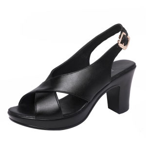 2025 New Womens Sandals Thick Heel Genuine Leather Fish Mouth Waterproof Platform High Heel Cross Buckle Fashion Show Shoes