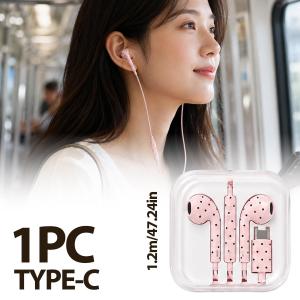Fashion Type-C Wired Earphone Lightweight Earset Audio Headphone Gift Y2K Ins Type C Painted Polka Dot Headphone with Mic