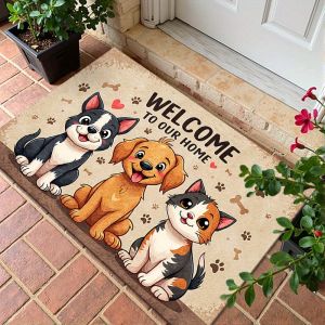 Tấm Thảm Chào Mừng Cửa Ra Vào Trong Nhà/ngoài Trời Hình Chó Mèo Hoạt Hình Dễ Thương Với Họa Tiết Dấu Chân Và Trái Tim - Thảm Chào Mừng Cửa Trước Phong Cách Hiện Đại Chất Liệu Polyester Không Thấm Nước