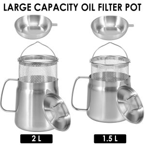 Oil Strainer Pot 1.5L/2L Oil Storage Can with Filter Lid and Frying Basket 304 Stainless Steel Oil Filter Tank Oil Filter Pot